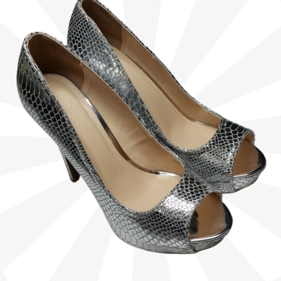 Charlotte Russe Silver Open Toe Faux Snakeskin Platform Stiletto Heels Size 8 - Picture 2 of 7